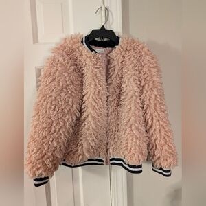 Rockets of Awesome Girls Faux Fur Bomber Jacket Pink Navy Trim Size (6)
